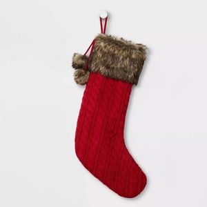 Cable Knit Christmas Stocking with Faux Fur Cuff & Pom Poms NWT